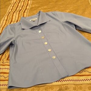 Coldwater Creek Sky Blue Blouse, Pearly Buttons, No-Iron Cotton, Fitted, PS
